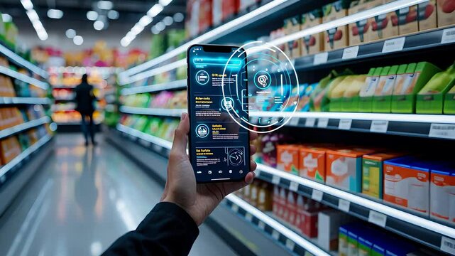 Smart Shopping Experience in Supermarket with Smartphone Scanning Product Data and Digital Display

