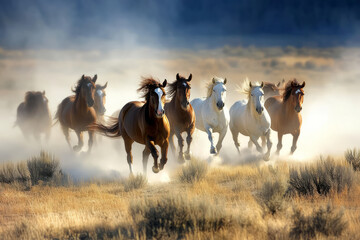 Obraz premium A herd of wild mustangs galloping across an open plain, their flowing manes and powerful strides capturing the spirit of freedom.