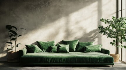 green velvet sofa in modern living room with plants