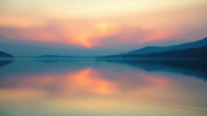 A serene lake reflects the soft glow of an aurora, peaceful water, soft hues, reflective surface