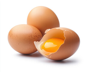 Fresh eggs with one cracked open and yolk visible on white background