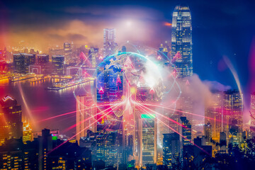 Fototapeta premium Vibrant Hong Kong cityscape at night, illuminated with glowing network lines. A visual concept of business growth and interconnectedness in a modern metropolis.