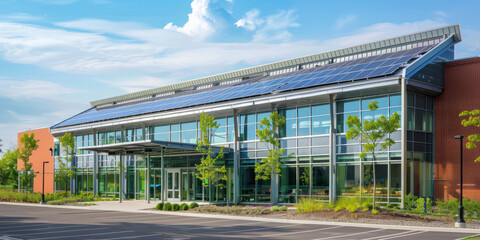 Obraz premium A commercial building utilizing solar roof shingles, with panels doubling as both energy sources and architectural elements