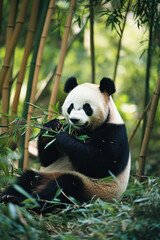Fototapeta premium A playful panda munching on bamboo in a bamboo grove. The panda sits on its hind legs, content and relaxed, surrounded by a lush green landscape of tall bamboo stalks.