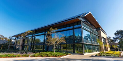 A commercial building utilizing solar roof shingles, with panels doubling as both energy sources and architectural elements
