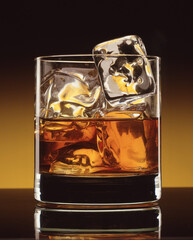 Glass of whisky and ice cubes on warm background.