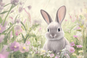 Obraz premium Illustration of a fluffy bunny with large ears, sitting in a meadow full of pastel colored flowers. The bunny soft fur and the delicate, dreamy surroundings create a peaceful, whimsical atmosphere