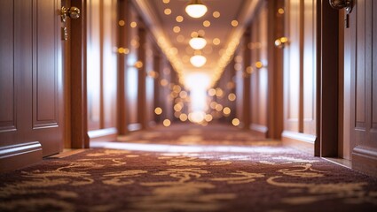 Obraz premium Hallway adorned with soft lighting and luxurious carpet in a hotel during evening hours