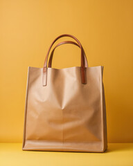 closeup bag in studio room with brown yellow backdrop, showcasing texture and form.