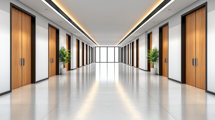 Bright Modern Hallway Interior with Wooden Doors and Plants