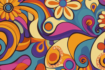 Fototapeta premium Illustration of a funky retro inspired pattern featuring stylized paisley swirls, bright pop art flowers, and wavy psychedelic lines in warm 1970s tones. The vibrant, vintage aesthetic is bold and eye