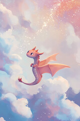 Obraz premium Illustration of a little dragon flying through the clouds with a trail of sparkling stardust behind it. The playful dragon expression and the soft pastel colors create a whimsical, magical scene.
