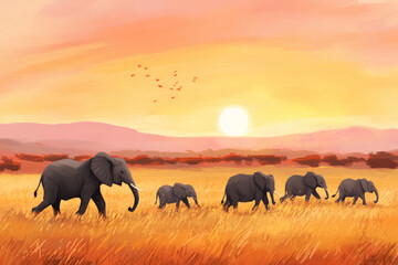 Fototapeta premium Illustration of a family of elephants roaming across the African savannah. The elephants move gracefully across the golden grass, while the setting sun paints the sky in warm shades of orange and pink
