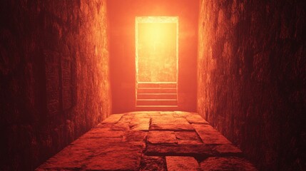 red stone corridor leading to bright light