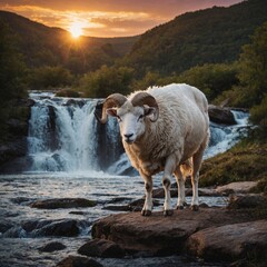 A white ram standing near a waterfall with a stunning sunset in the background.