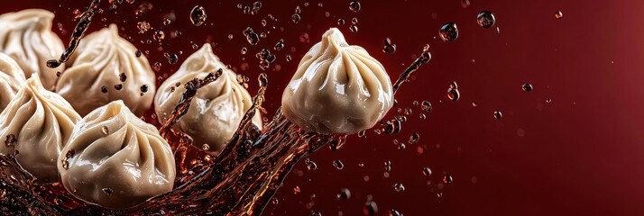 Steaming Chinese dumplings flying with black vinegar splashes on Deep Maroon Background