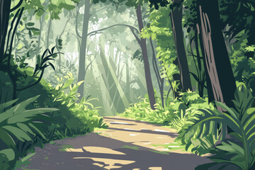 Obraz premium Illustration of a dense forest path surrounded by lush greenery, with sunlight peeking through the trees, casting playful shadows on the ground. The peaceful setting is perfect for a walk in nature,