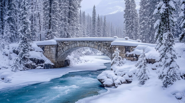 Snowy landscape with stone bridge frozen river winter wonderland mountainous region scenic view tranquil nature scene
