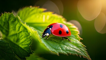 Obraz premium Ladybug on a Leaf with Soft Bokeh Background