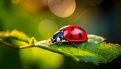 Ladybug on a Leaf with Warm Sunlight and Soft Bokeh