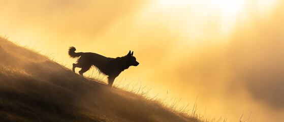 Schipperke Dog Climbing A Hill During Sunrise With Vibrant Colors and Scenic Views Capturing the Spirit of Adventure and the Beauty of Nature in Early Morning Light