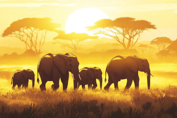 Fototapeta premium Illustration of a family of elephants walking through the savanna at sunrise. The golden light illuminates their majestic forms as they move together across the open landscape, evoking a sense of