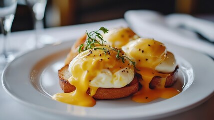 Eggs Benedict: Close-up shot of Eggs Benedict, showcasing poached eggs with creamy hollandaise sauce served on toasted English muffins, garnished with fresh herbs