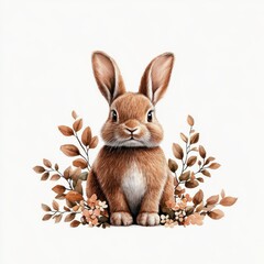 Obraz premium Cute rabbit surrounded by autumn leaves and flowers.