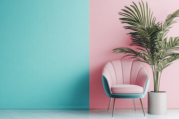 stylish interior featuring sleek pink and cyan wall, complemented by modern chair and potted plant, creating vibrant and inviting atmosphere