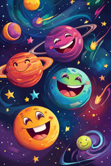 A group of smiling cartoon planets in a cosmic scene, each with its own unique expression and personality. Shooting stars and swirling galaxies add to the whimsical outer space adventure.