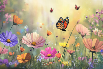 Illustration of a flower field during springtime, with colorful wildflowers swaying gently in the wind. A butterfly flutters above the blossoms, adding life to the peaceful natural landscape. The