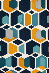 A geometric pattern featuring repeating hexagons in shades of teal, navy blue, and mustard yellow. The clean lines and vibrant colors give the design a modern, yet retro feel, perfect for fashion or