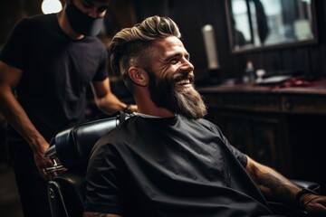 Mature caucasian male with beard in barbershop chair getting haircut and smiling