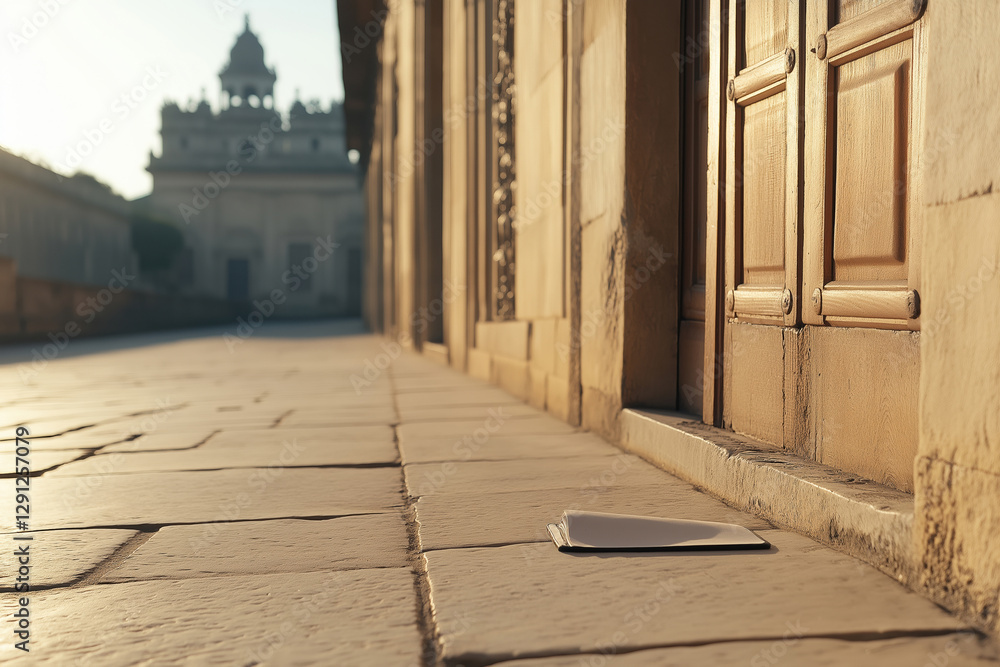 Poster abandoned notebook resting on the stone floor at sunset near ancient architecture