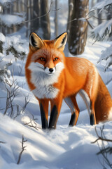 Fototapeta premium Illustration of a curious red fox standing in a snowy forest, its bright orange fur contrasting beautifully against the white snow. The fox's sharp eyes and playful stance make it look both