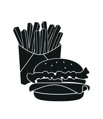 Flat vector cheeseburger and french fries isolated on white background. Fast food vector icon for websites or menu printing. Useful for cafes and restaurants. Cheeseburger and French Fries silhouette