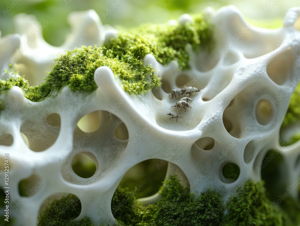 Poster intricate close-up of a unique natural structure with green moss and tiny insects in a lush environm