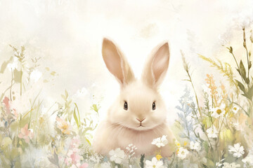 Obraz premium Illustration of a fluffy bunny with large ears, sitting in a meadow full of pastel colored flowers. The bunny soft fur and the delicate, dreamy surroundings create a peaceful, whimsical atmosphere