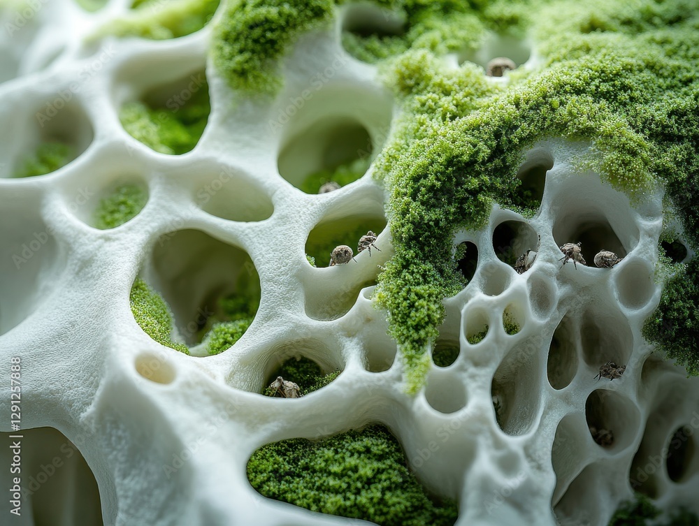 Poster intricate close-up of natural coral structure with vibrant green algae offering a stunning abstract 