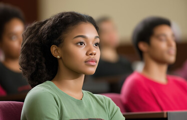 Fototapeta premium Student engaged in classroom discussion during a lecture on a college campus
