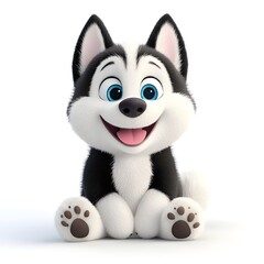 Adorable Cartoon Husky Puppy with Big Blue Eyes Sitting on White Background