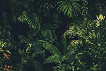 A detailed botanical illustration of a lush rainforest, showcasing various exotic plants, ferns, and vines. The rich green tones and layered foliage create a sense of depth and mystery.