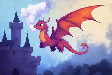 Obraz premium Illustration of a friendly dragon with soft scales, playfully blowing puffs of smoke as it floats above a castle. The cute design and friendly demeanor make the dragon a whimsical and approachable