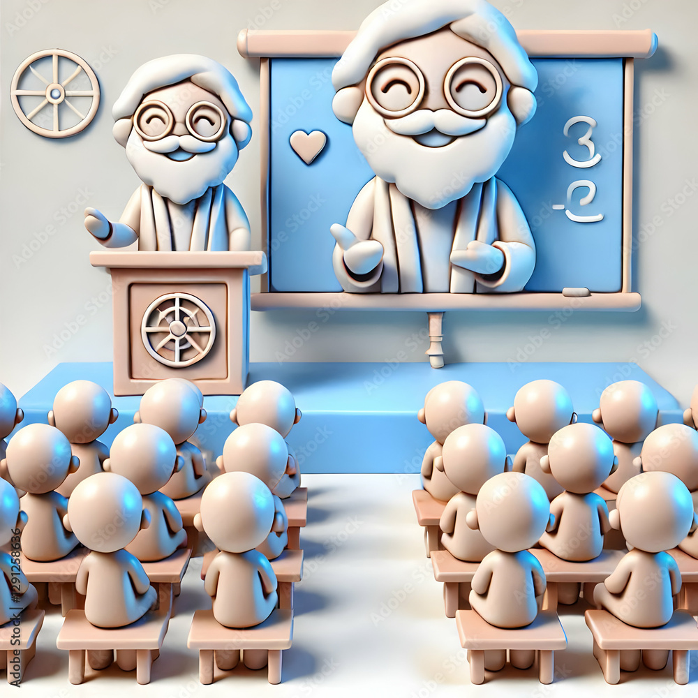 Poster 3d icon of a smiling philosopher engaging audience in a lecture hall: a symbol of freedom, expressio