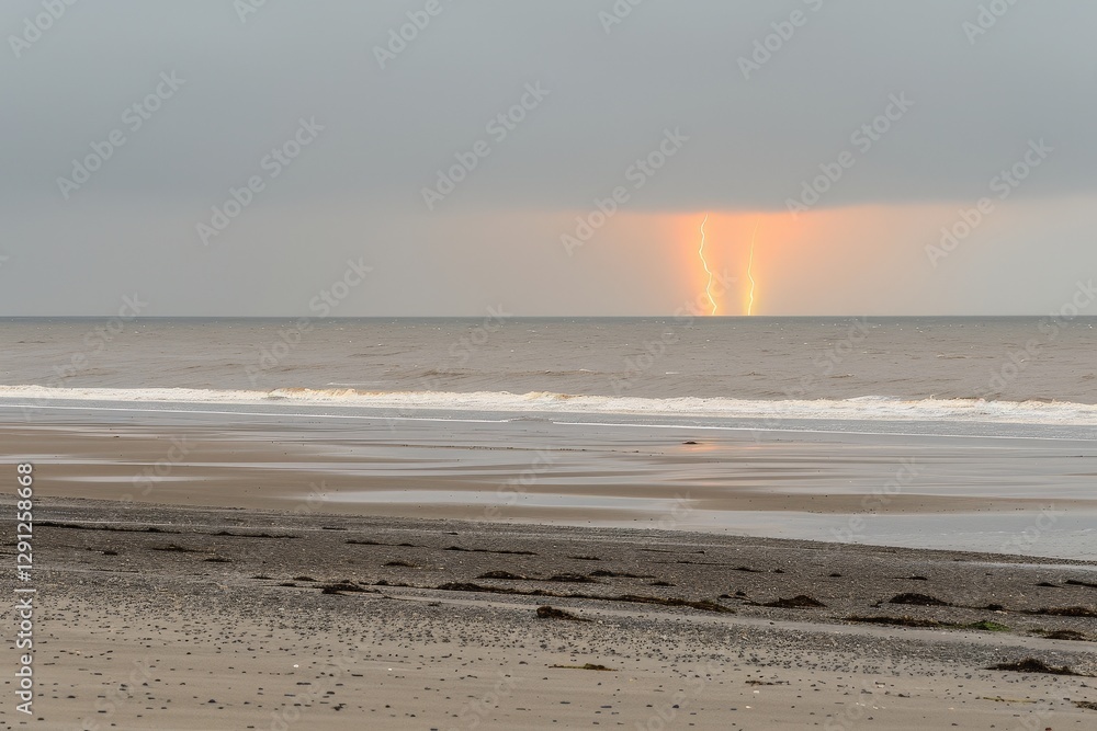 Poster a serene beach scene with gentle waves and a hint of sunlight breaking through gray clouds, creating