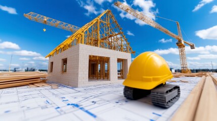 Detailed Model Home Under Construction on Blueprints with Cranes