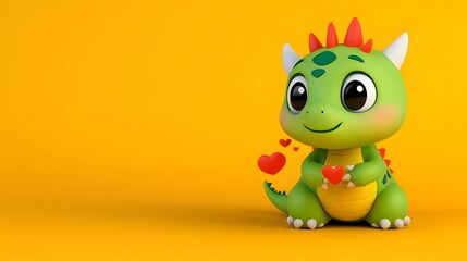 Fototapeta premium Adorable Green Pixel Dragon with Heart on Yellow Background