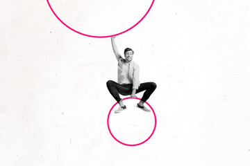 Composite art 3d creative image collage of happy businessman jump circle figure development career...