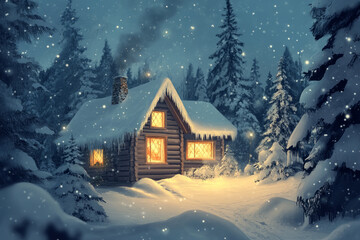 Fototapeta premium Illustration of a cozy winter cabin surrounded by snow covered trees and twinkling holiday lights. The soft glow from the windows invites warmth and comfort, creating a peaceful holiday atmosphere.