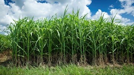 Organic sugarcane plants growing tall in a field, symbolizing sustainable biofuel production.
